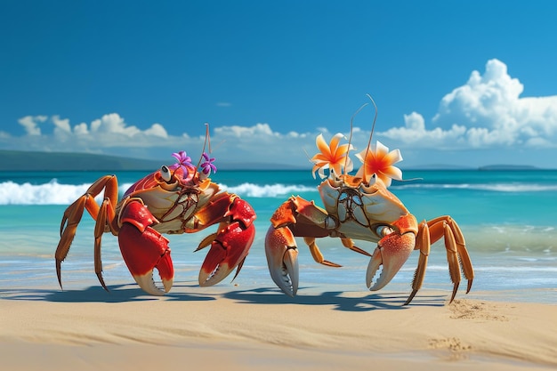 Two crabs on a tropical beach 3d illustration