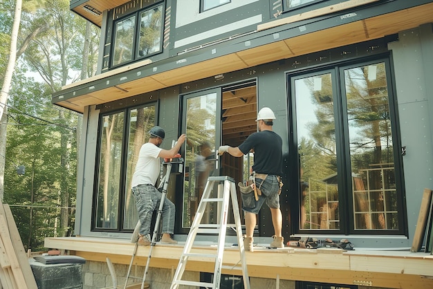 Two craftsmen install modern PVC windows on a suburban home carefully securing frames amidst bright