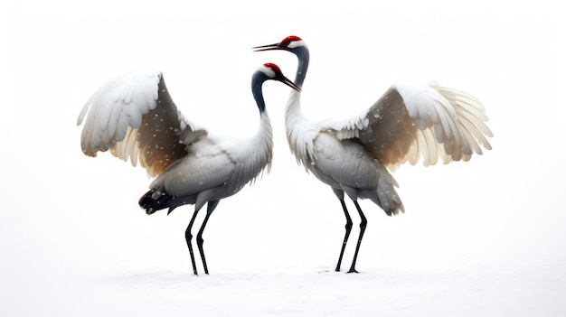 two cranes are standing in the snow, one has a red beak.