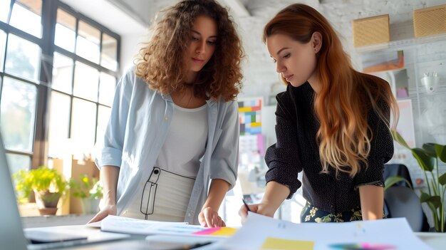 Two creative Caucasian girls working together for artful designs