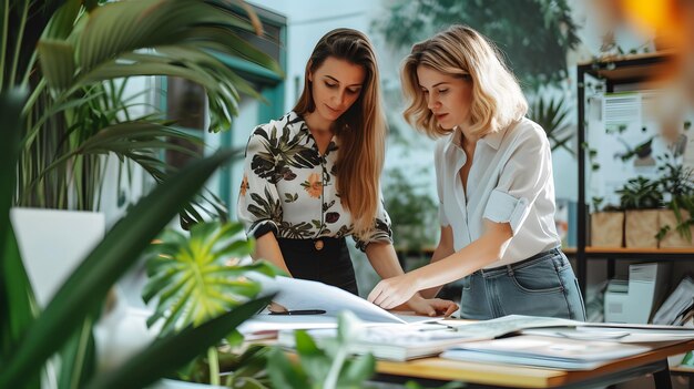 Two creative Caucasian girls working together for artful designs