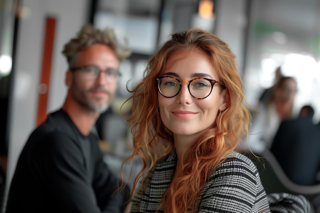 안경을 쓴 두 명의 창의적 인 전문가 는 현대적 인 잘 조명 된 사무실 공간 에서 미소 를 나누고 있다