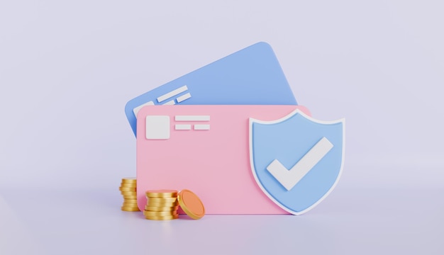 Two credit or debit cards shield and golden coins Business finance protection and insurance