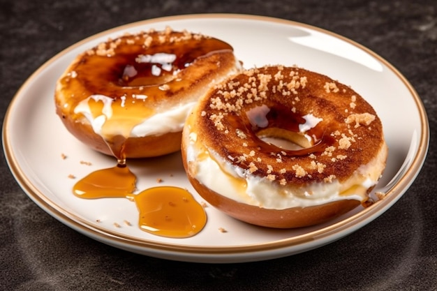 Two creme brulee bagel filling cream cheese with golden crust and topping on plate sweet food