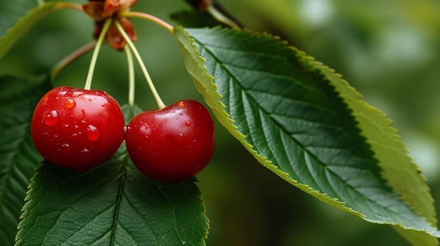 Two crimson cherries on emerald foliage