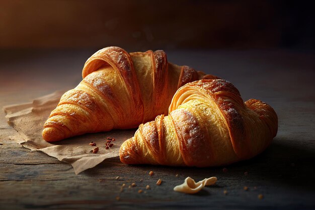 Two crispy croissants on a wooden table on dark background depicted in rustic style Generative AI