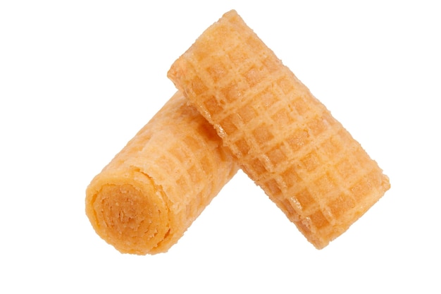 Two crispy waffle rolls isolated on white background. High quality photo