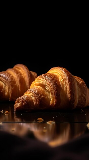 Two croissants on a black background