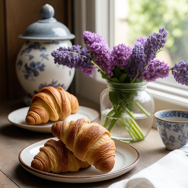 Two croissants on a plate on a table next to a vase of purple flowers on a window. Generative AI