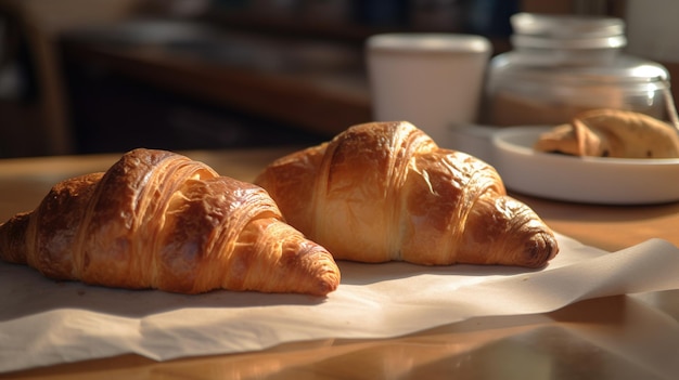 Two croissants on a table with a cup of coffee