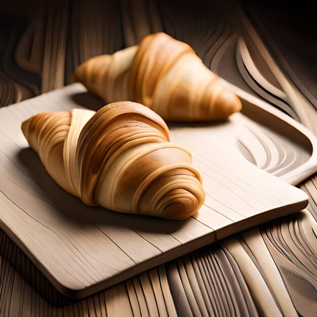 Two croissants on a wooden tray with a wooden surface.