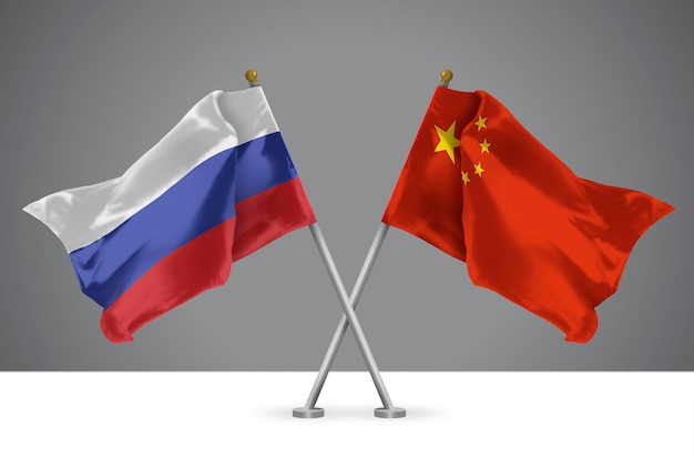 中国とロシアの 2 つの交差した旗