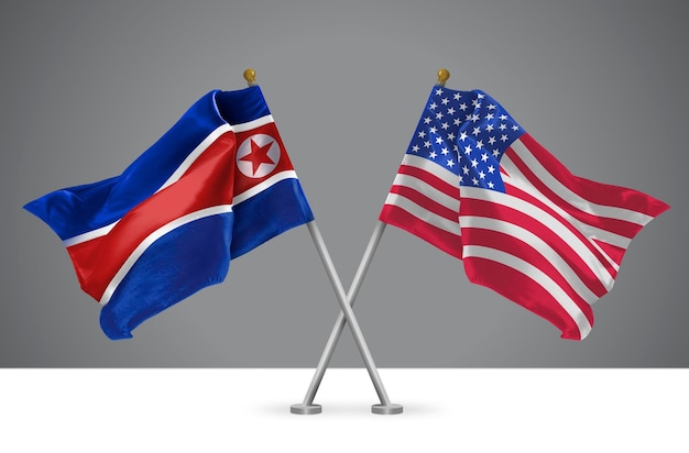 Two Crossed Flags of USA and North Korea