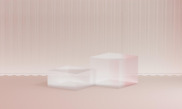 Two cube glass podium with pink clear backdrop 3D illustration rendering