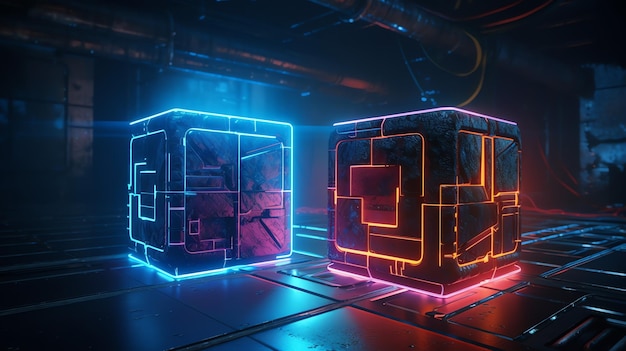 Two cubes with blue and red lights are lit up in a dark room.