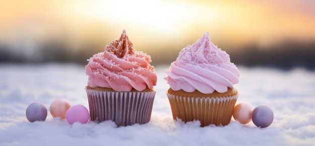 Two cupcakes with pink frosting and a pink ball in the snow