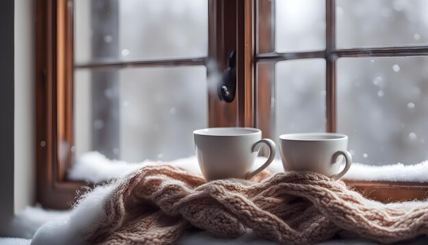 two cups are on a blanket next to a window
