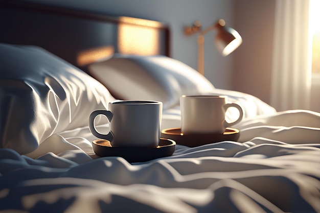 Two cups on a bed with a lamp in the background