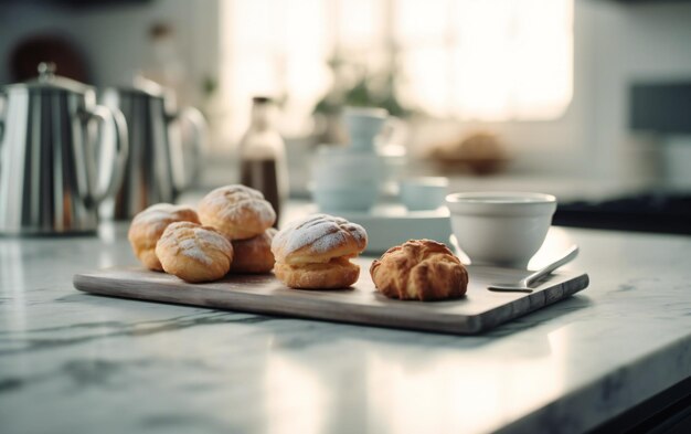 two cups of breakfast and pastries sit on a tray on a kitchen countertop