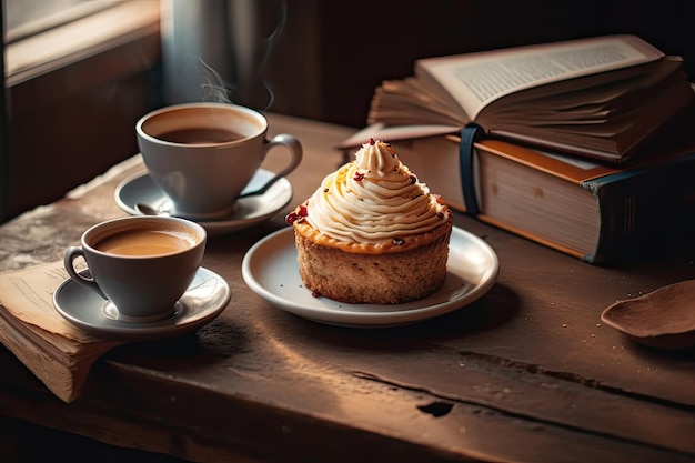 Two cups of coffee and a cake on a table