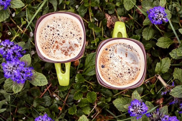 Two cups of coffee in flower. Outdoors, close-up, macro.