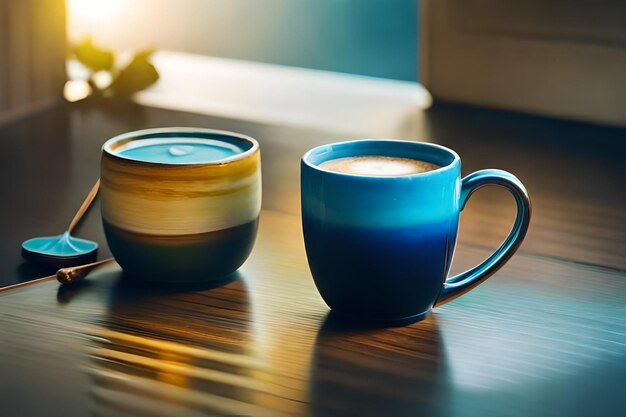 two cups of coffee sit on a table, one of which is a coffee mug.