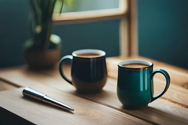 two cups of coffee sit on a table with a plant in the background.