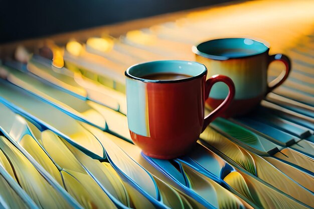 two cups of coffee sit on a table with the words " coffee " on the side.