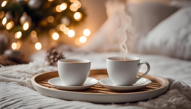 2杯のコーヒーがクリスマスツリーの隣のトレイに座っている