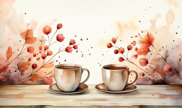 two cups of coffee and a table with a floral background