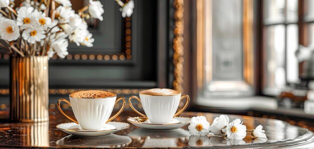 테이블에 꽃이 있는 두 잔의 커피 생성 AI