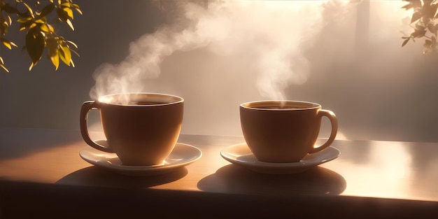 две чашки кофе с восходящим паром, вид на восход солнца, время утреннего кофе
