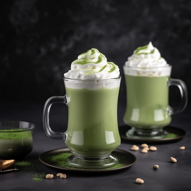 Two cups of green tea with a matcha latte on a black background.