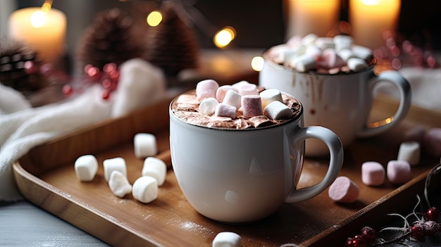 two cups of hot chocolate with marshmallows on top