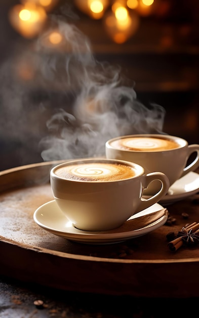 Foto due tazze di caffè caldo con cannella sullo sfondo di luci stagione fredda atmosfera invernale