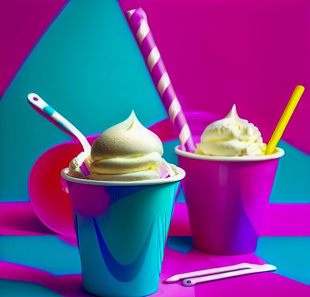 Two cups of ice cream with a pink and blue container with a white straw.