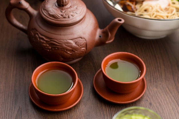 Two cups of matcha tea in a restaurant