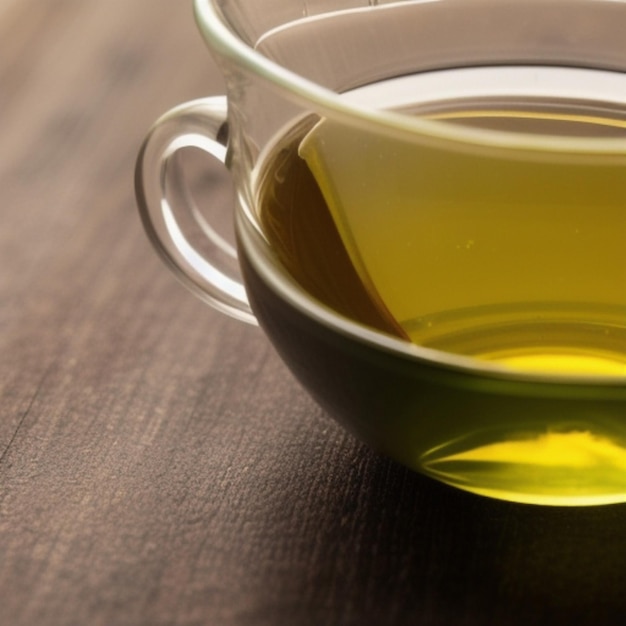 two cups of olive oil are on a table, one is green.