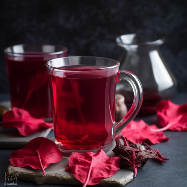 Two cups of red liquid with leaves on them and a red flower on the right.