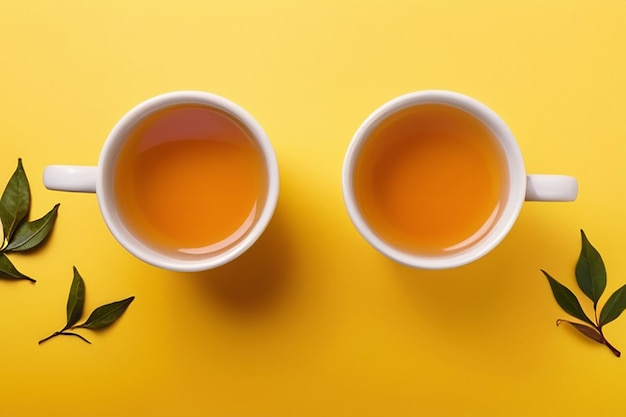 Two cups and a smile of dry tea leaves on a yellow background international tea daymay 21 selling tea