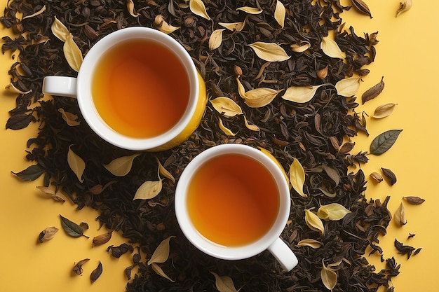 Two cups and a smile of dry tea leaves on a yellow background international tea daymay 21 selling tea