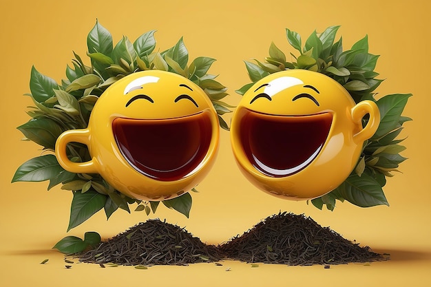 乾いた茶葉を黄色い背景に2杯と笑顔で国際茶の日 (May 21) 茶の販売