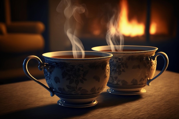 Две чашки дымящегося горячего чая перед камином.