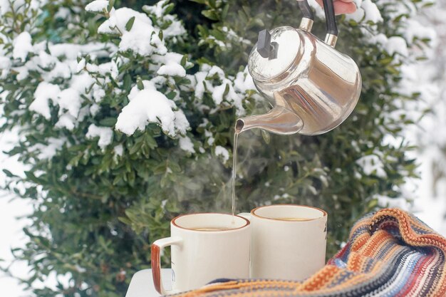 Two cups of tea on a table in the winter garden