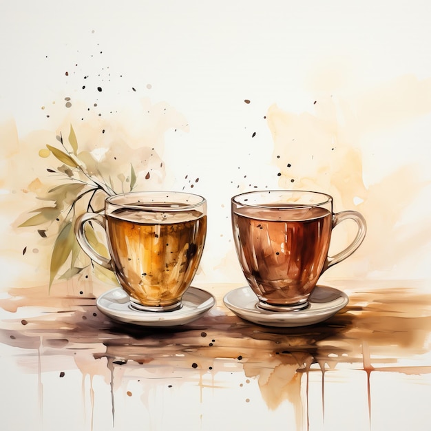две чашки чая и ваза с надписью "чай" сбоку.