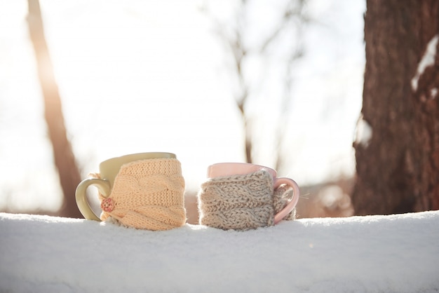 Two cups of tea on winter landscape