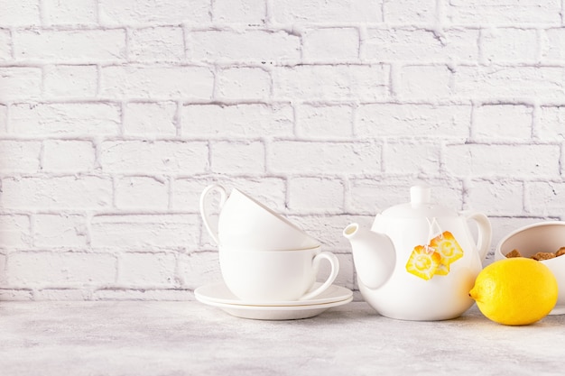 Two cups and a teapot for morning tea