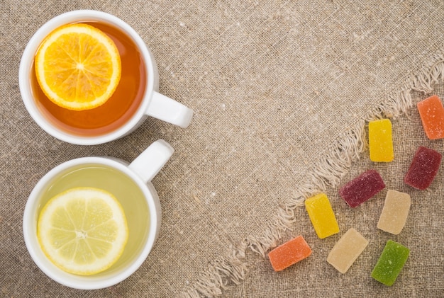 Two cups with different types of tea