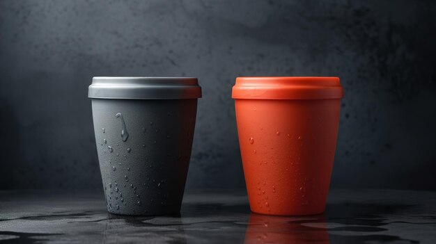 Two cups with a red and black plastic lid and the word coffee on the front.