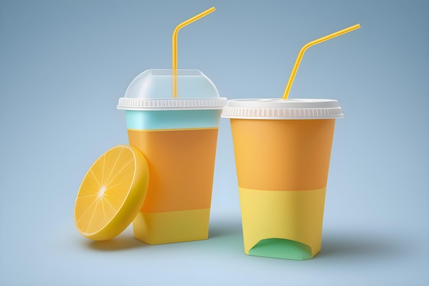 Photo two cups with yellow and orange cups with a straw next to them.